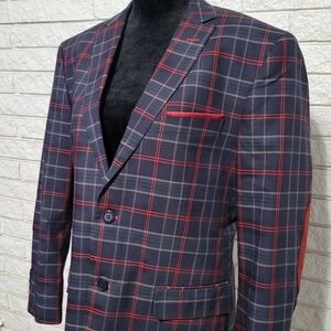Lanzino Sportcoat Jacket Lg Navy Plaid Style # 1985 Elbo Patch EUC